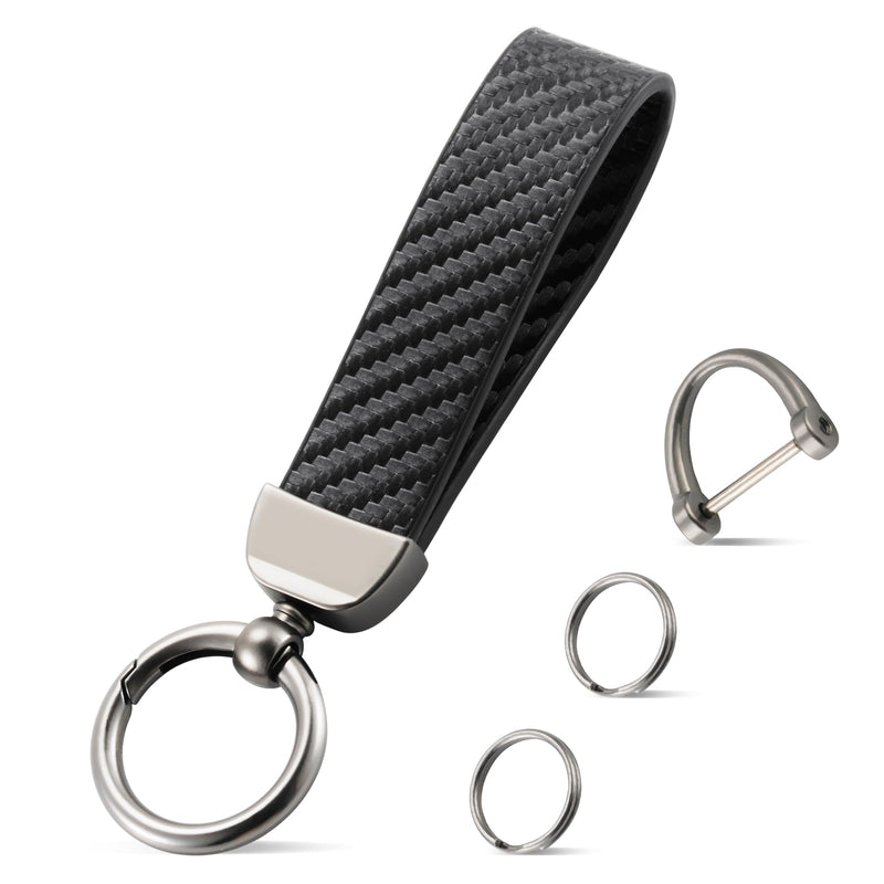 JUSTTOP Leather Keychain, Carbon Fiber Car Key Chain with Anti-Lost D-Ring and 2 Key Ring, Car Accessories (Black) Carbon Fiber-black