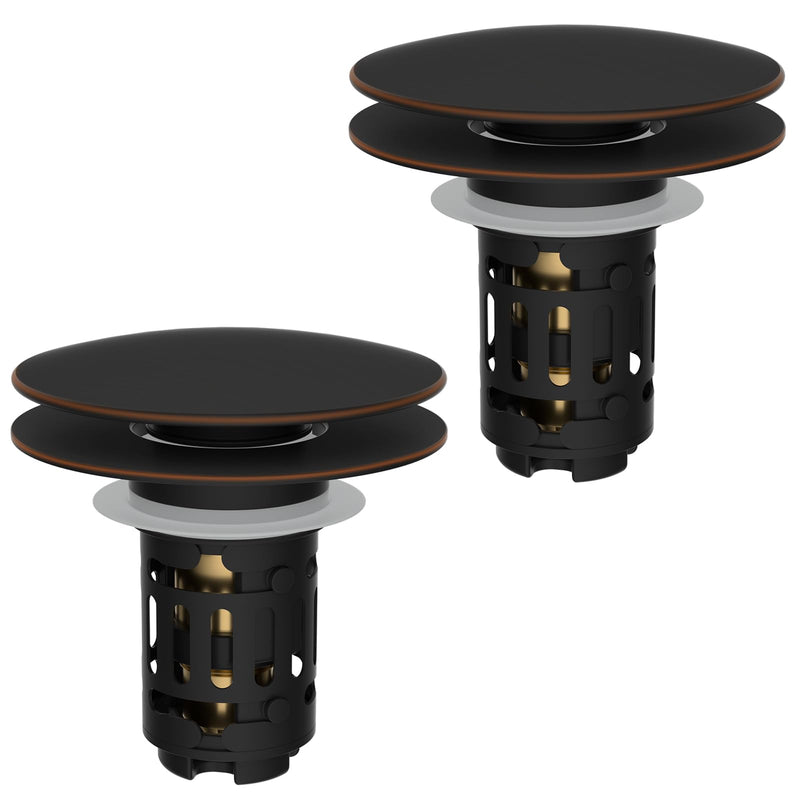 Hibbent 2 Pack 3 in 1 Bathroom Sink Drain Strainer, Pop Up Sink Stopper with Big Push Cap, Anti-Clogging Metal Filter Basket,Sink Plug with Hair Catcher for 1.1''~2.36'' Basin, Oil-Rubbed Bronze