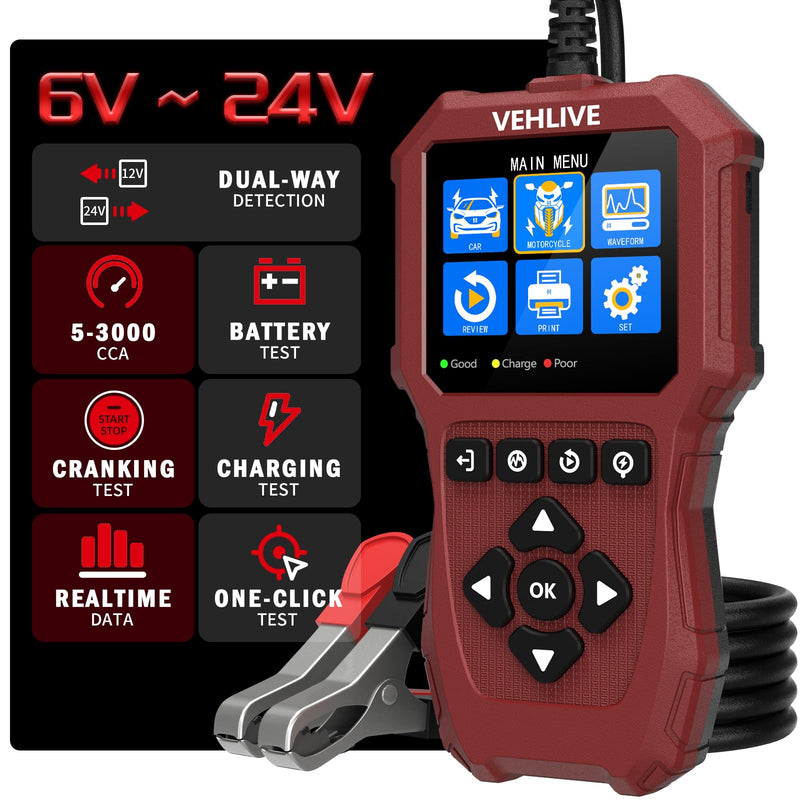 Car Battery Tester 6V 12V 24V with Lithium Battery Testing, BT911 5-3000CCA Automotive 12V&24V Dual Circuit Testing, Load/Alternator Tester, Charging Cranking System Tester for All Car Motorcycle Boat Light Red