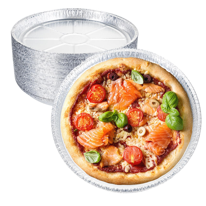 50 Pack 8 Inch Round Foil Pizza Pans, Disposable Aluminum Pizza Pans for Pizzas, Round Pizza Pan Foil Focaccia Pan, Chocolate Cookies Cake Tin, Serving Platter Tray, Freezer & Oven Safe