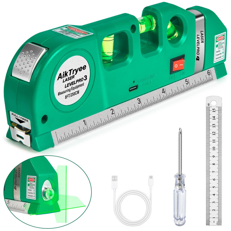 Level Tool Laser Level Leveler tool Cross Line Vertical and Horizontal Line with USB Rechargeable for Picture Hanging cabinets Tile Walls by AikTryee. Green Laser