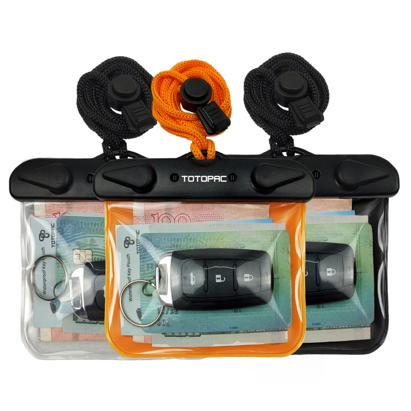 3Pack Waterproof Car Key FOB Case Floating Wallet Pouch for Remote Keys ID Credit Card Cash Money Submersible Dry Bag Holder (3, Black + Orange + Transparent) 3