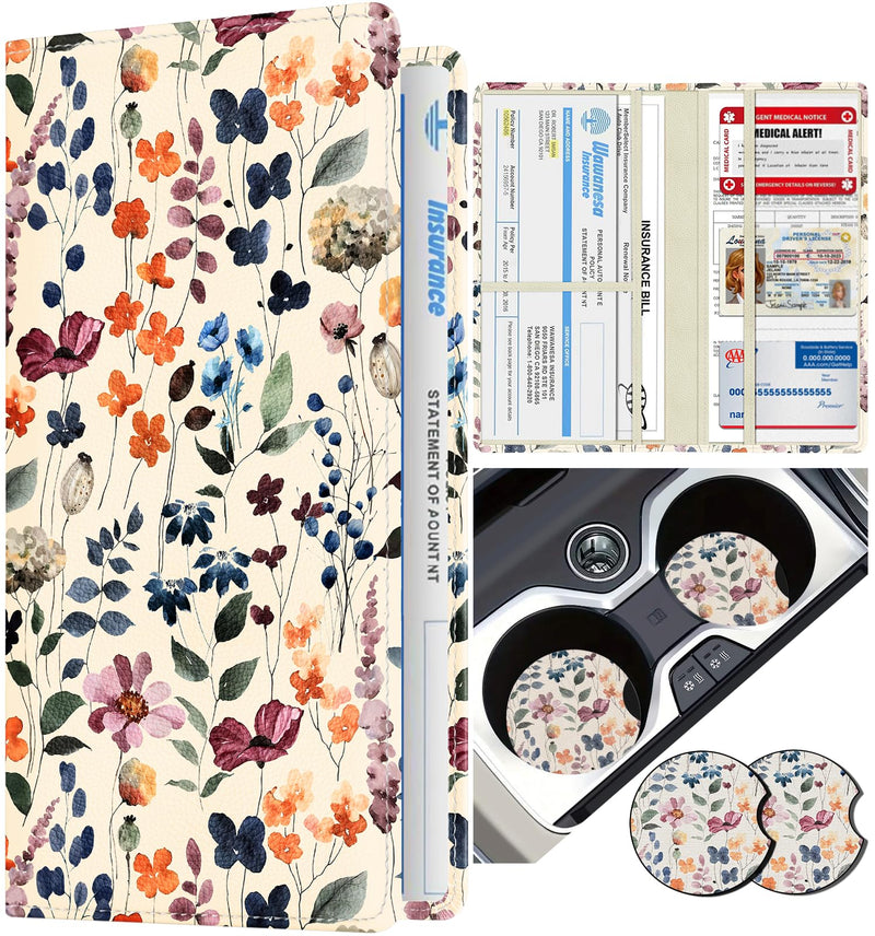Slohif Car Registration and Insurance Holder - Plant Vehicle Glove Box Organizer Women with Magnetic Shut Leather Automobile License Holders Coasters Auto Accessories Case for Document Watercolor