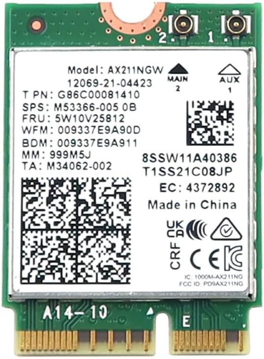 Intel AX211NGW Wi-Fi 6E Laptop Mobile Wireless Card: Tri-Band (2.4/5/6GHz), 2.4Gbps max Speed, Bluetooth 5.3, M.2 2230 CNVio2, MU-MIMO, OFDMA, Miracast. Support for Windows, Linux and Chrome. Wifi 6E