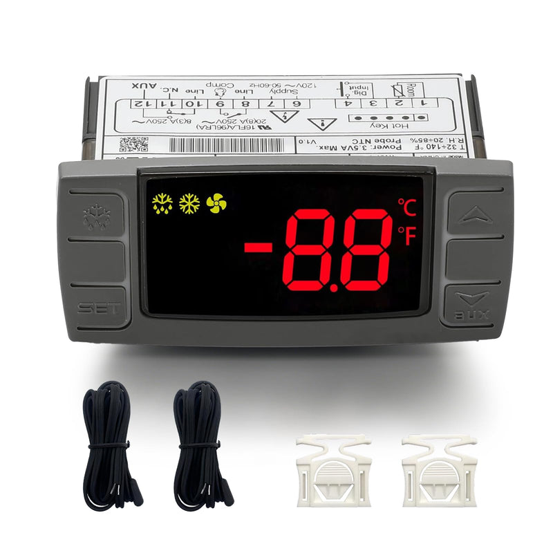 XR03CX-4N0F1 Temperature Controller with Sensor Probe, 120V Digital Thermostat Controller Compatible with Dixell Programmable Refrigerators/Freezers, Single NTC Probe + Alarm Relay XR03CX-4N0F1