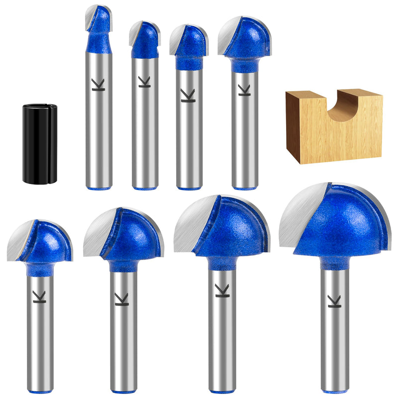 8Pcs Cove Box Round Nose Router Bit Set 1/4 Inch Shank, Carbide Tipped Core Box Router Bit-1/4 5/16" 3/8" 1/2" 5/8" 3/4" 7/8" 1" Cutting Diameter, for DIY, Woodworking Project 1/4" to 1" Cutting Diameters 1/4" Shank