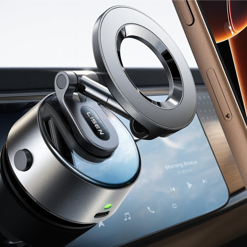 LISEN SuctionPro Vacuum Magnetic Phone Holder Electric Content Creator Phone Holder 360 Adjustable MagSafe Suction Cup Car Phone Mount fit Video Recording for iPhone 17 Pro Max Air 16 15 14 13 Black