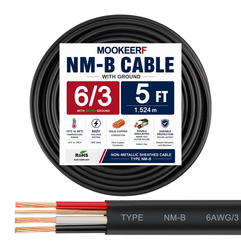6/3 Wire with Ground - 5FT NM-B 6 Gauge Non-Metallic Sheathed Cable 100% Pure Copper 6 AWG 3 Conductor Residential Indoor Wire for Outlets, Switches, Other Loads and Lighting Wiring Projects etc. 6AWG/3