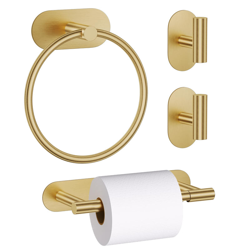 Self Adhesive Brushed Gold Toilet Paper Holder Towel Holder for Bathroom Wall, No Drilling Bathroom Hardware Set, SUS304 Stainless Steel Gold Towel Ring Hand Towel Holder for Bathroom, Kitchen