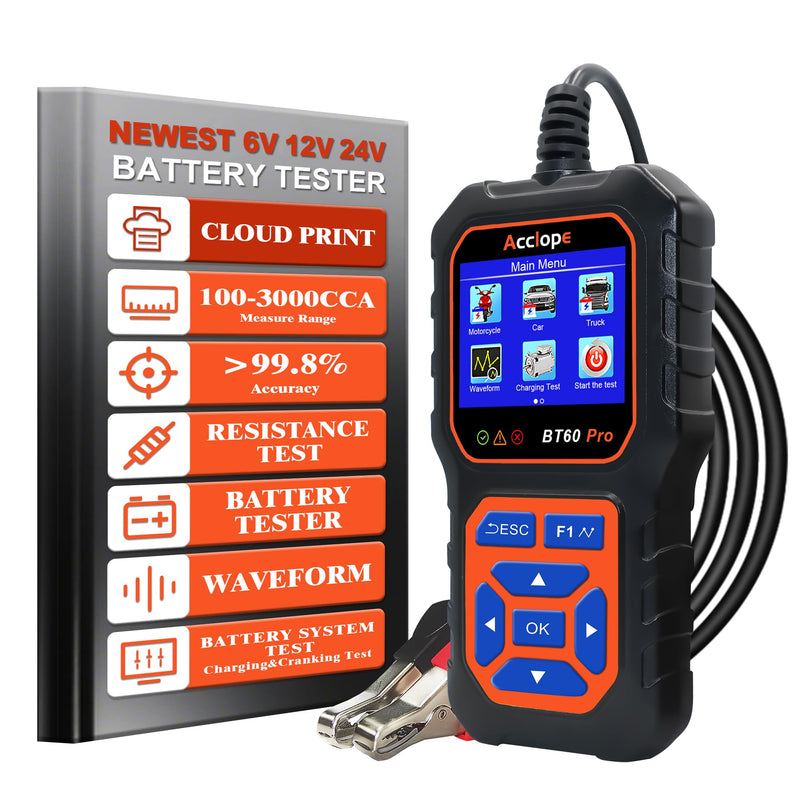 [AUSTRALIA] - BT60 Pro Acclope Car Battery Tester with Cloud Printing 100-3000 CCA 6V 12V 24V AGM Lithium Gel Battery Checker Automotive Alternator Digital Analyzer Charging Cranking System Vehicles Truck Home-use