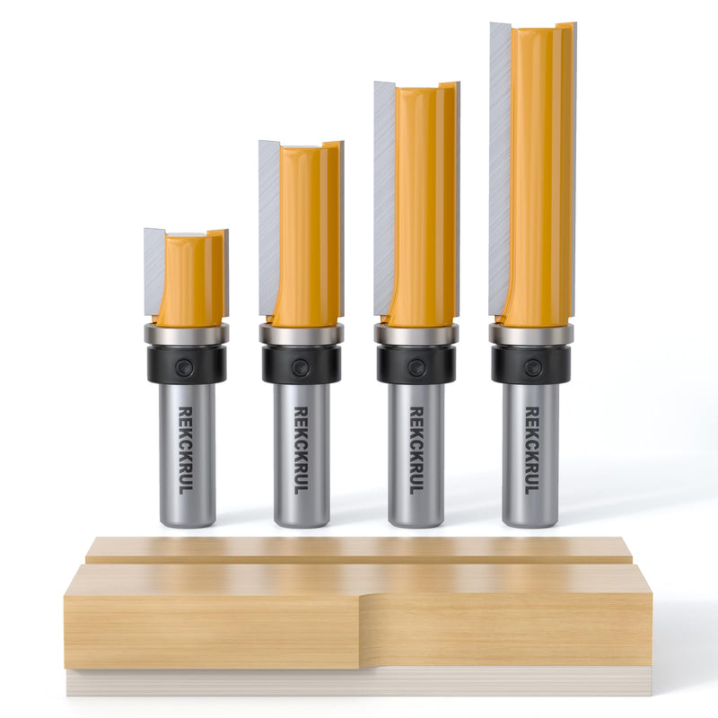 4Pcs Pattern Flush Trim Router Bits Set 1/2 Inch Shank Top Bearing | Carbide Tipped Woodworking Router Bits for Precision Edge Trimming, Cutting Length: 3/4", 1-1/2", 2", 2-1/2" 1/2" Shank 4Pcs