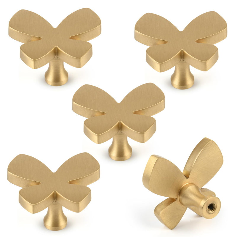5 Pack Solid Brass Cartoon Butterfly Cabinet knob, Children's Dressing Table, Desk, Bookshelf, Drawer, Wardrobe, Gold Single Hole Handle