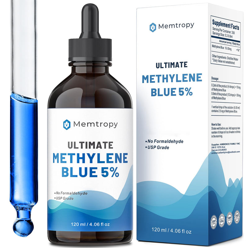 Methylene Blue Pharmaceutical Grade 4.06 fl oz (120 mL), 99% Purity Supplement for Humans, Formaldehyde-Free, Alcohol-Free, Glass Bottle