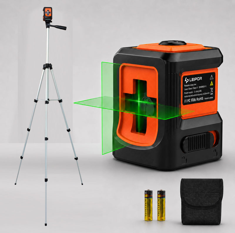 LEIPOR 45" Tripod Laser Level, Green Cross Line Thick Casing Tool | 1-Sec Self-Leveling, Adjustable Green Laser, Thick Casing, 45" Tripod, 2 AA Batteries & Portable Bag