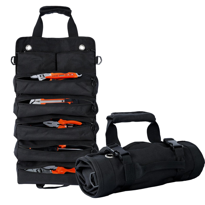 Portable Foldable Roll Up Tool Bag, Heavy Duty Tool Organizer Bag with 5 Compartments & 2 Detachable Pouches for Tools Storage, Waterproof Tool Roll Bag for Dad Men Electrician Mechanic Gifts black