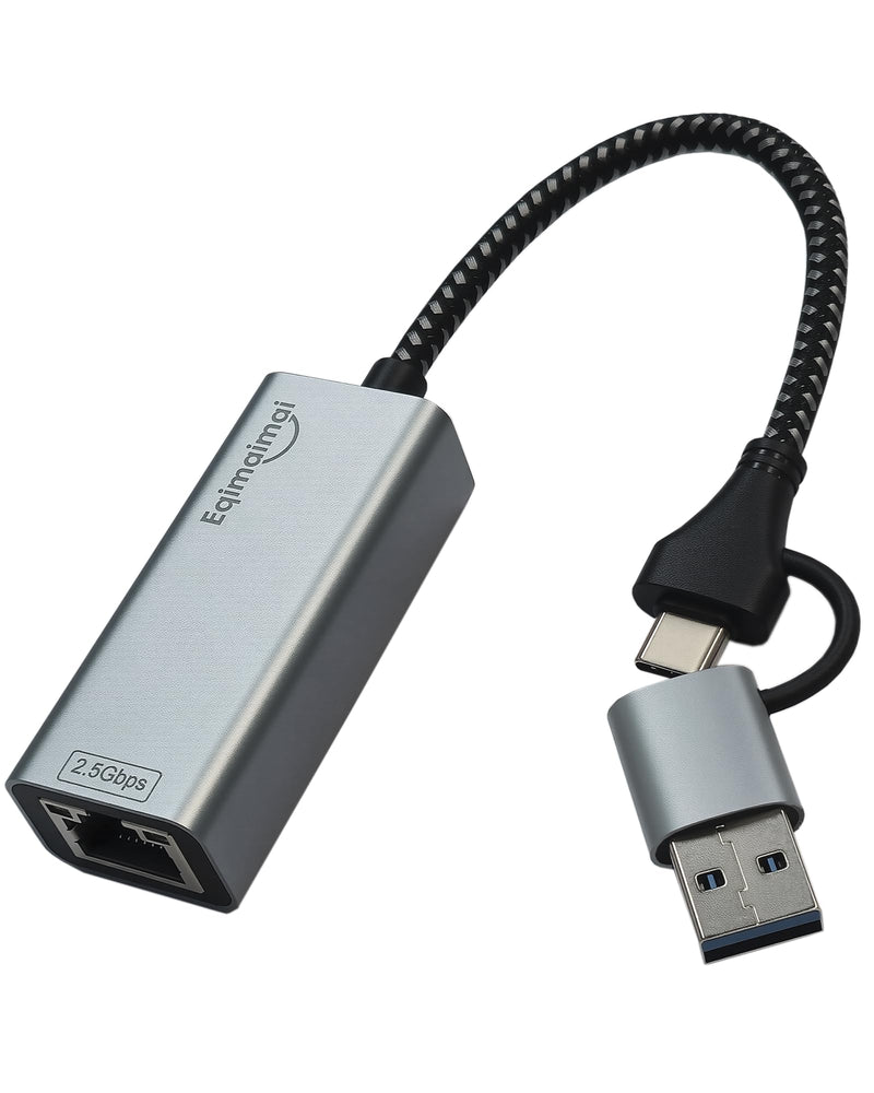 2.5G USB Ethernet Adapter 2-in-1, Aluminum Fast USB-C&USB-A to RJ45 Network Adapter Compatible with Laptop/PC, Windows, Mac, Linux,Plug & Play 2.5G USBA+USBC TO RJ45