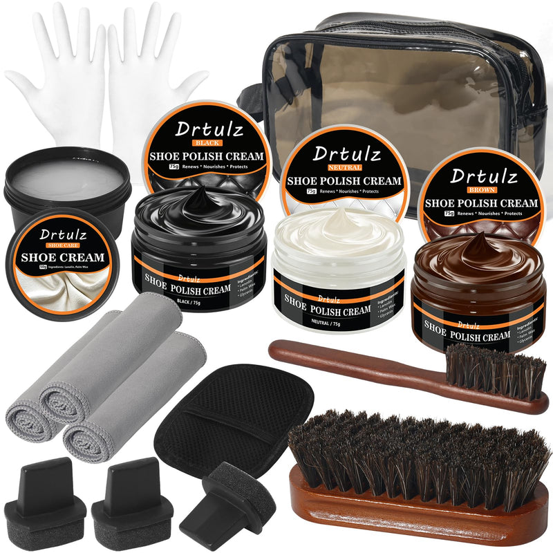 15Pcs Shoe Shine Kit for Men – Gift with Mink Oil & Saddle Soap, 3 Horsehair Brushes, Black/Brown/Neutral Polish – Leather Boot Care Kit with Sponges & Cloth – Complete Cleaning & Conditioning Set