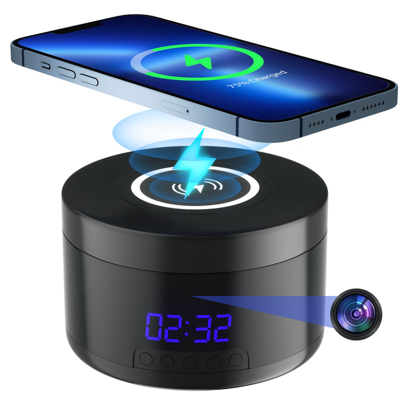 Indoor Camera with Clock and Wireless Charging, 1080P WiFi Cameras for Home, Security Camera with Motion Detection, Night Vision, Local & Cloud Storage,with APP (Black) Black