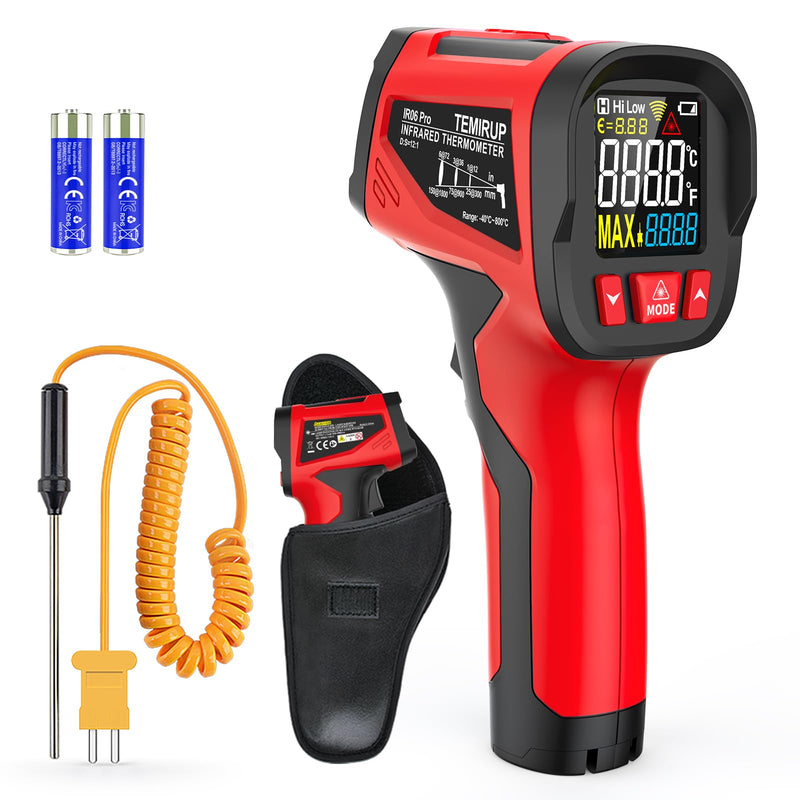 Infrared Thermometer Gun, Digital Laser Temperature Gun with Probe, -40°F~1472°F Non-Contact IR Thermometer with Adjustable Emissivity for Cooking, Pizza Oven, Griddle, Grill & Meat Red IR06 PRO -40℉~1472℉(-40℃~800℃)