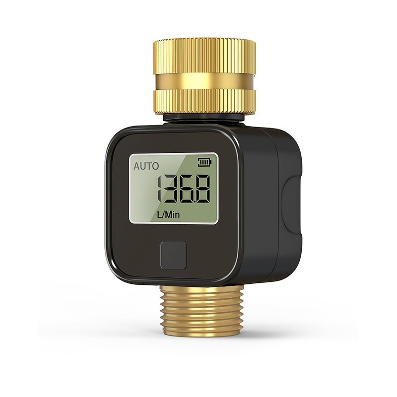 Water Flow Meter with Brass Metal Thread, Measures Gallons/Liters & Flow Rate – Ideal for RV Water Tank Filling, Garden Hose Watering, Lawn Sprinklers & Nozzle Sprayers