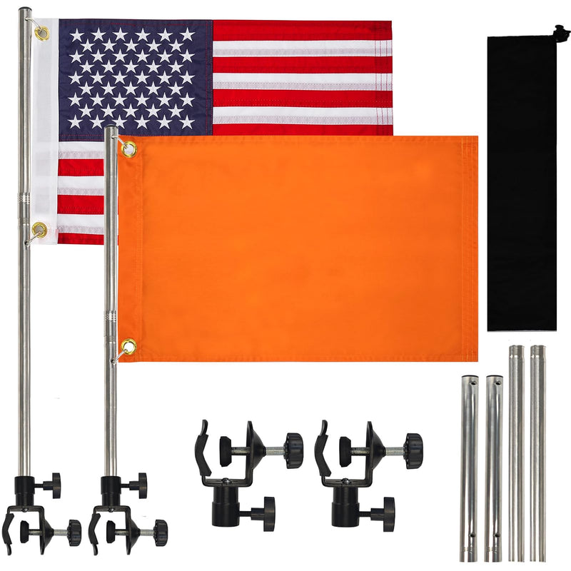 2 Pack Boat Flag Kit – 16"x24" American Flag with 50 Stars, Orange Safety Flag, 2 Stainless Poles, Holders & Bag – for Pontoon, Kayak, Tow Sports(16“x24”)