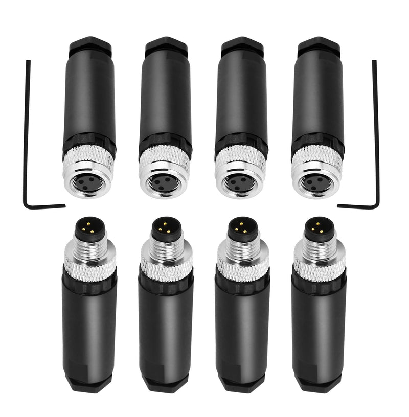 M8 3-Pin Male & Female Aviation Wire Connector, Waterproof IP67 Panel Mount Connector, 8mm Industrial Circular Sensor Interface, A-Coded, Durable for Outdoor Use, 8-Pack 3pin 4 Male & 4 Female