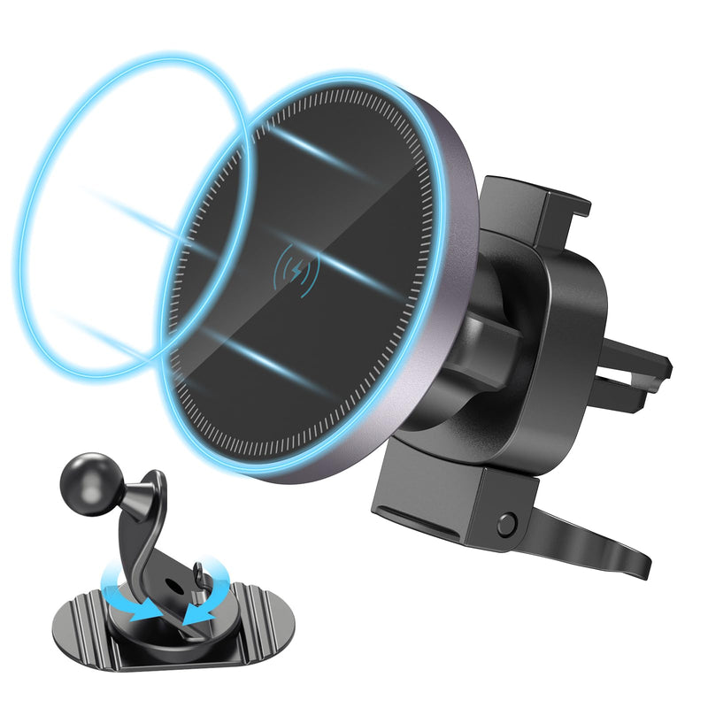 Car Mount Charger-15W Fast Charging Wireless Car Charger-Magnetic Car Phone Holder for Dashboard Air Vent - Rotation 360° & HandsFree