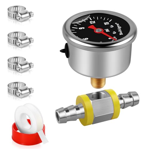 Boltigen Fuel Pressure Gauge, 1/8'' NPT Inline Fuel Pressure Guage Kit with 3/8'' Barb, Stainless Steel, 0-15Psi Glycerin Filled, Center Back Mount (Black) Black