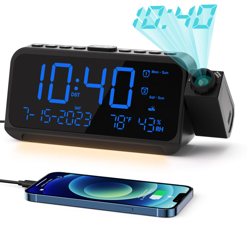 ROCAM Projection Alarm Clock for Bedroom Ceiling, Digital Clock with 180° Projector with 5-Level Dimmer, Dual Loud Alarm with Weekend/Weekday Mode, Date, Temp, Humidity, Night Light, DST, Snooze Blue