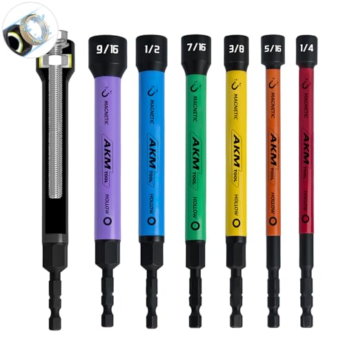 6 PCS Hollow Nut Driver Set, Magnetic nut driver set, Hollow Shaft Nut Driver Set, SAE, Color Coded, Hex Sizes, 1/4 to 9/16-Inch, Nut Setter, Hollow Nut Driver with 5-Inch Extended Reach 6 PCS Hollow Magnetic Nut Driver Set