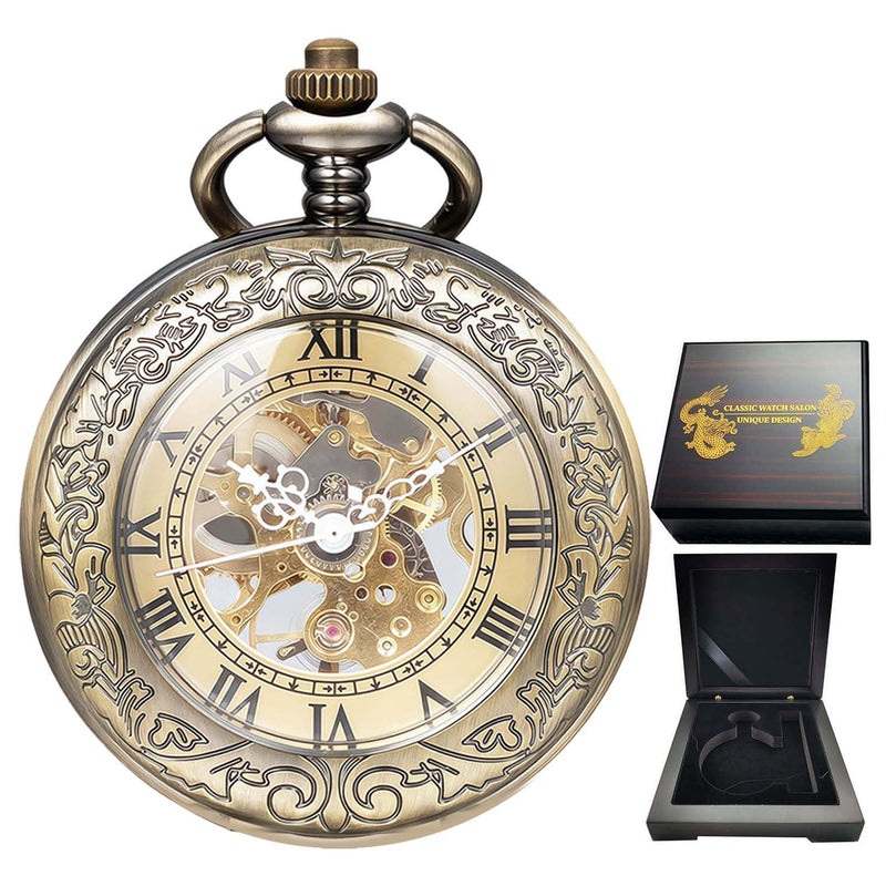 Mechanical Pocket Watch, for Men Women Special Magnifier Half Hunter Engraved Case Roman Numerals with Chain Ad. Bronze Black + Wooden Box