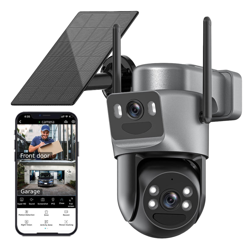 Kurain 6MP Solar Security Cameras Wireless Outdoor, 5ghz & 2.4ghz WiFi 6, Panoramic & Tracking Dual Lens 2-in-1 Home Security Camera with Color Night Vision/PIR Motion Alarm/Human Tracking/360°PTZ Grey