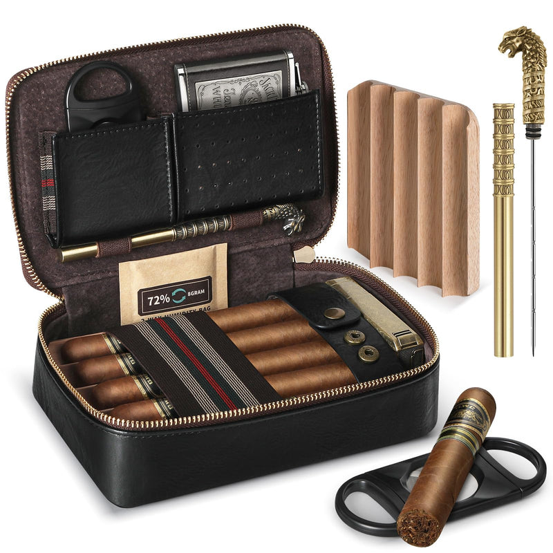Cigar Humidor, Leather Travel Cigar Case, Portable Cigar Box with Cigar Draw Enhancer and Multifunction Cigar Cutter, Cigar Accessories Gift Set (Black) Black