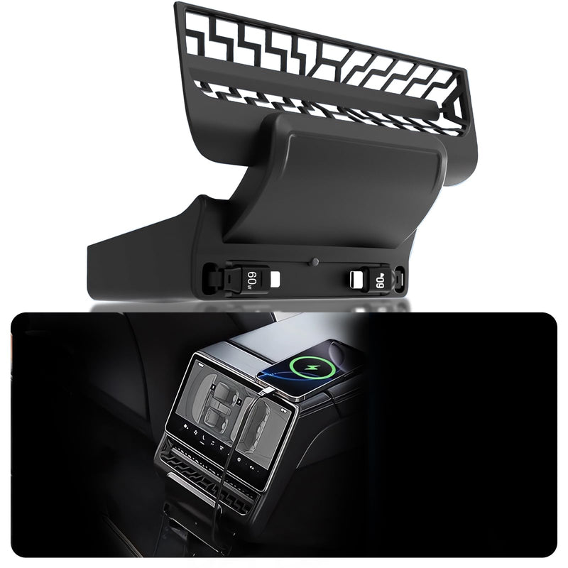 USB Hub for Tesla Model Y Juniper 2025 2026 Model 3 Highland 2024 2025, 120W Dual Type-C Rear Vent Air Outlet Expansion Cover Fast Charger Center Console Docking Station with Retractable Cable
