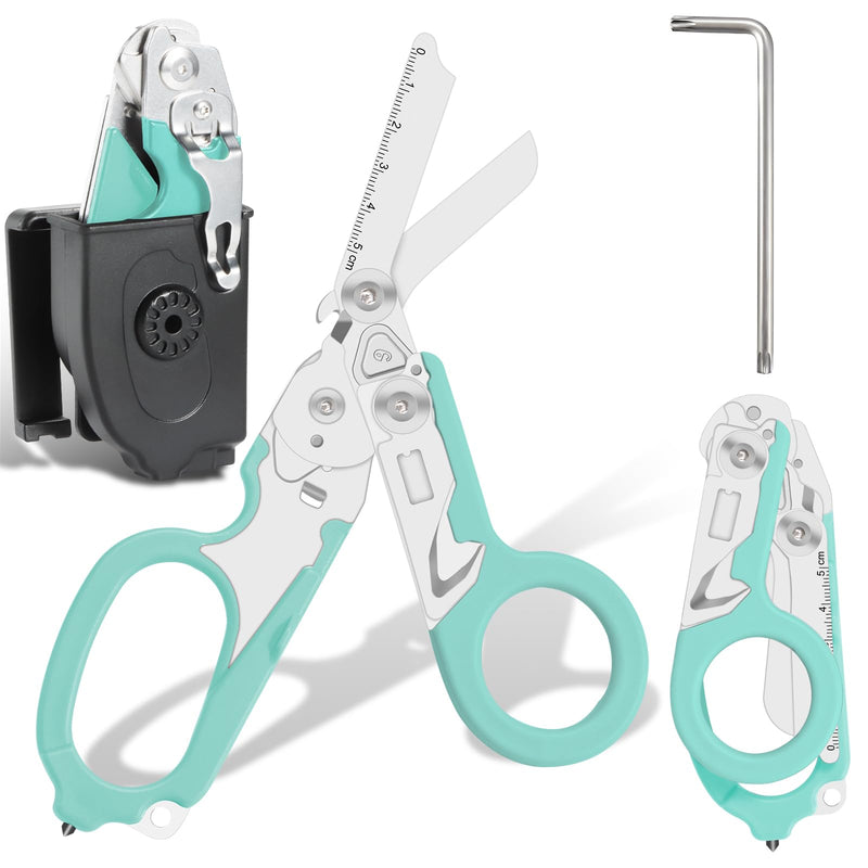 Trauma Shears, 6 In 1 Emergency Shears, Stainless Steel Foldable Trauma Scissors with Compatible Holster, Outdoor Camping Rescue Tools, Ideal for EMTs, Nurses, and First Responders (Turquoise) Turquoise
