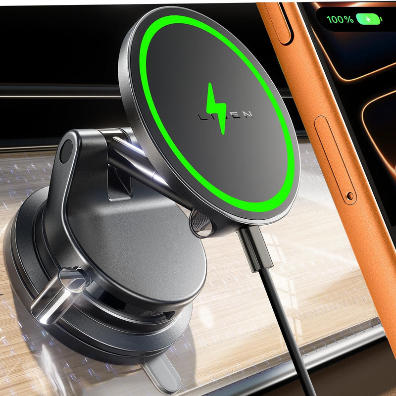 LISEN 15W Magsafe Car Mount Charger，[Lever Lock] Suction Cup Phone Holder,360° Vacuum Magnetic Car Phone Holder Charger Wireless for iPhone 17 Pro Max Air 16-12,Pixel 10,Samsung with MagSafe Case Black
