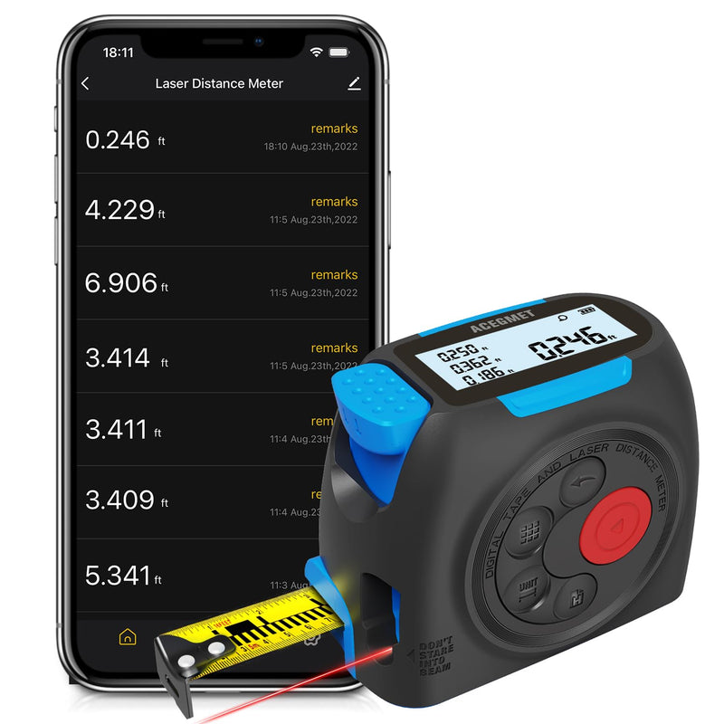 ACEGMET 3-in-1 Digital Tape Measure, 130ft Laser Distance Meter and 16ft Auto-Lock Measuring Tape, Smart App Sync for Floor Planning, ±1/16" High Precision, 2" Backlit LCD, USB-C Rechargeable, IP54