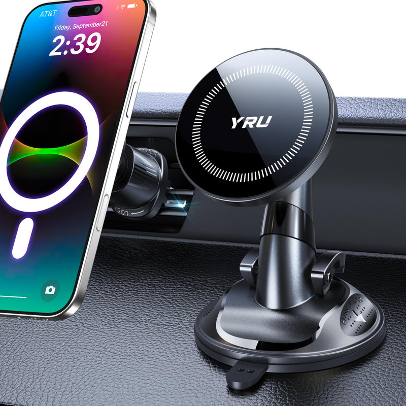 YRU [True Upgraded Military-Grade] Phone Holder for Magsafe Car Mount 360° Rotating Vacuum Suction Dashboard, 2800gf Strongest Magnetic Windshield Phone Mount for iPhone 16 Pro Max 15 14 13, Black