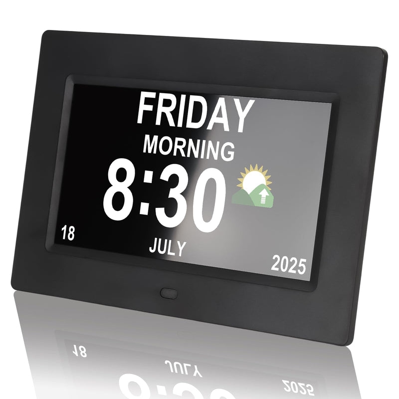Digital Clock for Seniors with Day Date Time Large Display - 7 Inch Large Print Dementia Clock for Memory Loss and Visually Impaired, 12 Alarm Options, Non-Abbreviated, Black 7''