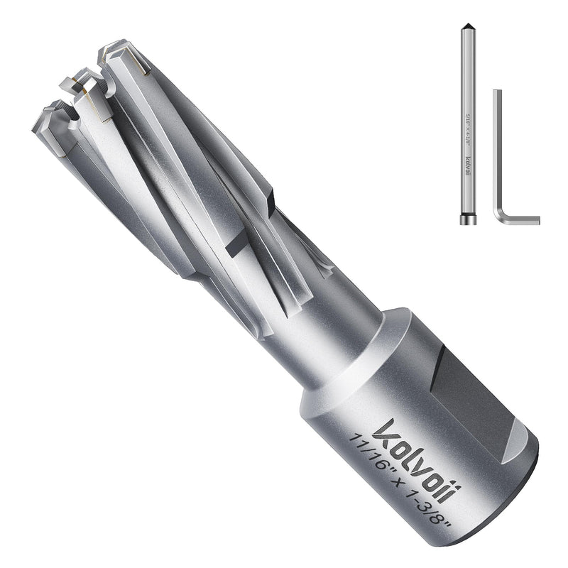 Kolvoii Carbide-Tipped Annular Cutter, 11/16" Diameter x 1-3/8" Depth, 3/4" Weldon Shank (2 Flat) TCT Mag Drill Bit for Stainless Steel, Cast Iron, Hard Steel, High-Speed Cutting with Pilot Pin 11/16" x 1-3/8"