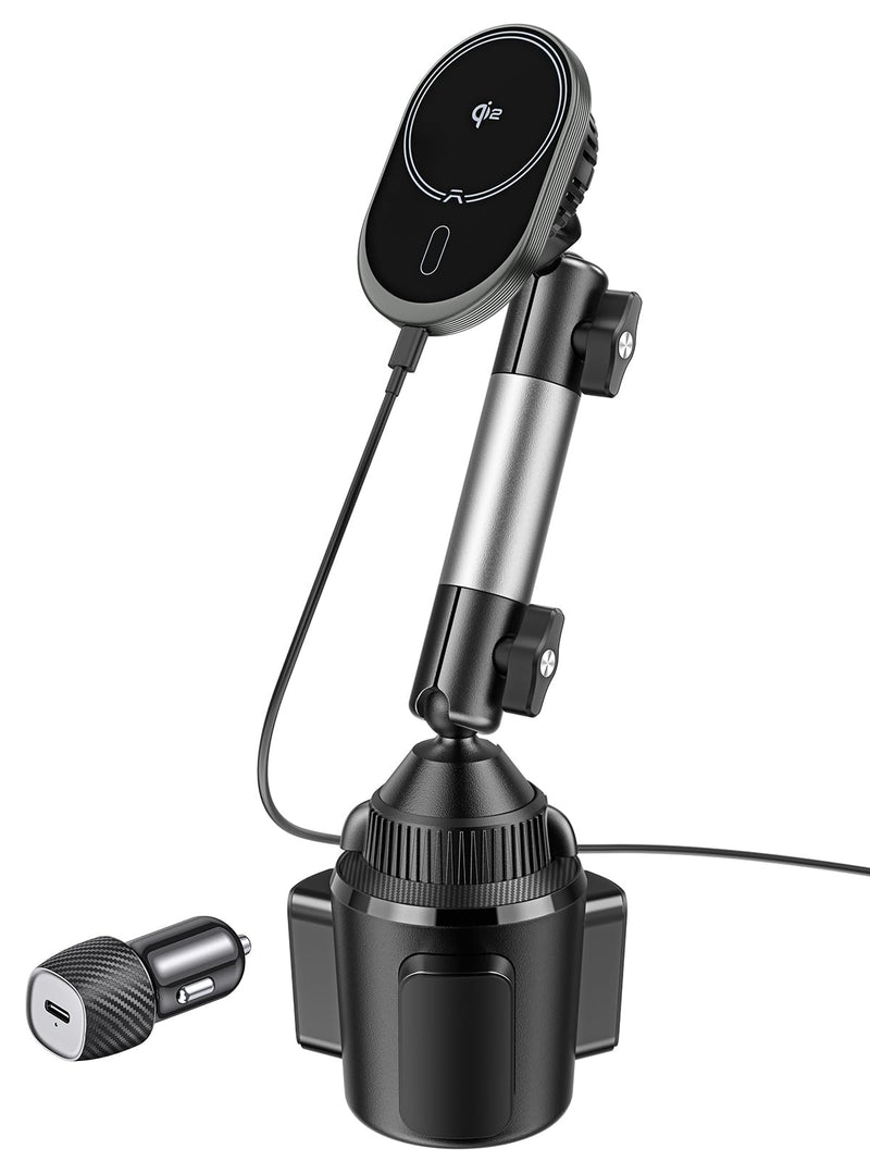 A2C for Magsafe Car Mount Charger, QI2 15W Wireless Fast Charging Cup Holder Phone Charger - Dual Cooling System, Aluminum Alloy Tri-Pivot Arm, 18 N54 Strong Magnets for iPhone 17/16/15/14/13/12 Only