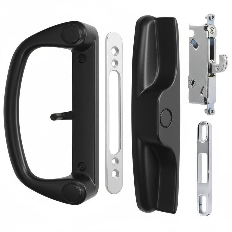 Aluminum Sliding Glass Patio Door Handle Set with Mortise Lock, Non-Keyed Pull Handles, Fits 1-1/4" to 2" Thick Doors 3-15/16" Hole Spacing, Adjustable Thumb Latch, Non-Handed, Matte Black Non-Keyed Handles + Mortise Lock