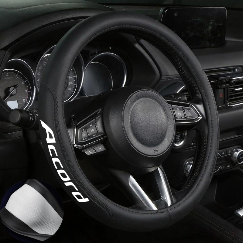 Leather Steering Wheel Cover with a Rubber Inner Ring fit for 14-15 Inch Breathable Lightweight Easy to Install Compatible with Accord H2