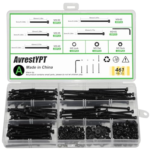 461Pcs M3 Socket Head Screws Metric Screws Bolts Washers Nuts Kit M3 x 30mm, 35mm, 40mm, 45mm, 50mm
