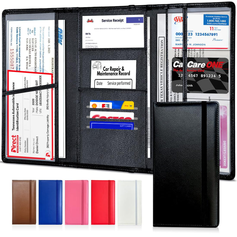 LINTRU Trifold Car Registration and Insurance Holder, Fits in Glovebox, Durable Design for Long-Term Use, Wipe-Clean PU Leather, Multi-Pocket Storage, Ideal Car Accessories for Men & Women, Gift-Ready Black