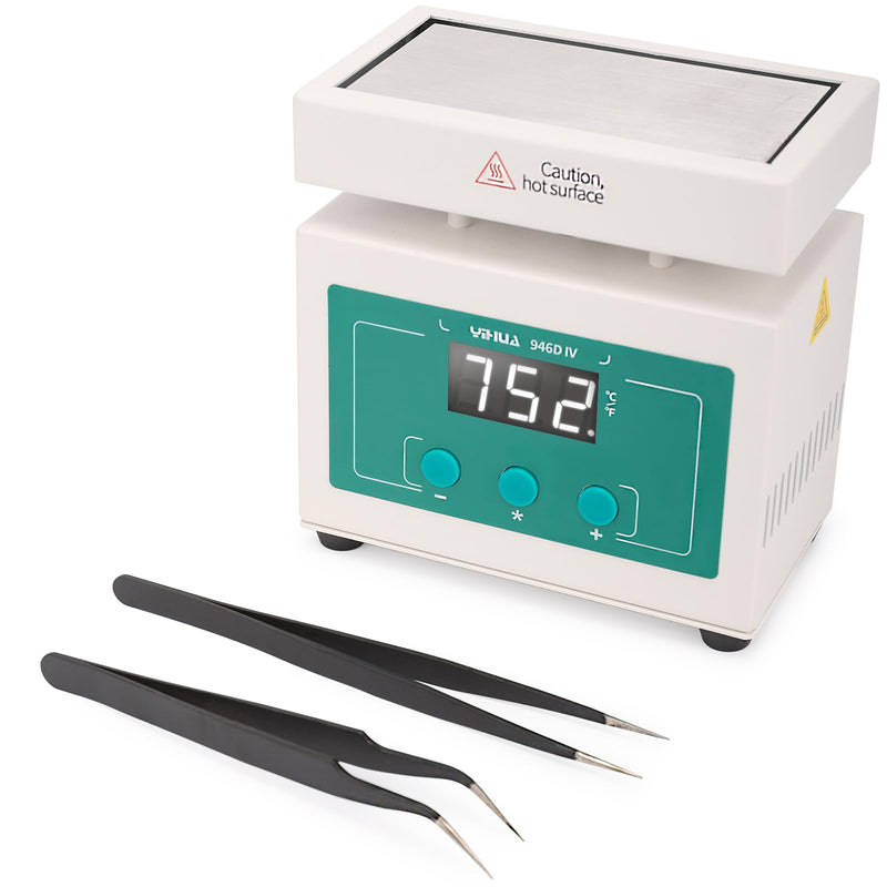 YIHUA 946D-IV Soldering Hot Plate Mini Size, Rework Heater with 2 ESD-Safe Tweezers, Adjustable Temp, °C/°F Conversion, PID Temp Control, 100 * 50mm Aluminum Heating Plate