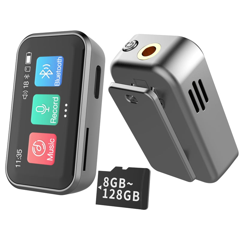 MP3 Player with Bluetooth, Portable Digital Lossless 8GB Music Player with Built-in Speaker, 1.47 in Full Touch Screen, Digital Voice Recorder, FM Radio, Mini Back Clip Design Free Wired Headphones Silver