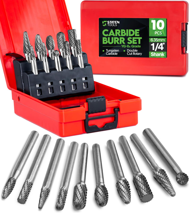Carbide Burr Set 1/4" (6.35mm) Shank – 10 Pcs Double Cut Die Grinder Bits for Milling, Carving, Engraving, Deburring, Drilling, Hard Wood and Metals – Tungsten Carbide Drill Bit Set for Rotary Tools 10pcs Set 1/4 6.35mm