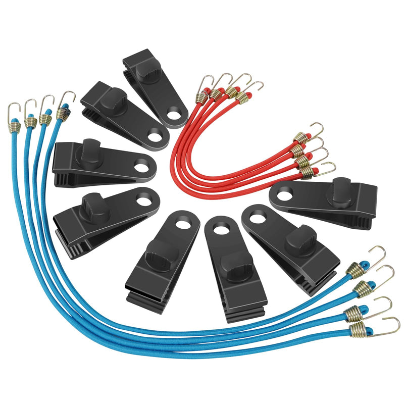 8 Reinforced Nylon Tarp Clips with 8 Bungee Cords (10" & 18"). Heavy Duty Lock Grip for Tent, Car & Pool Awning Cover. Canopy Clamps.