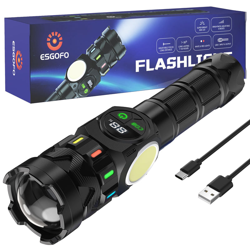 Esgofo Rechargeable Flashlights High Lumens 100000 Long Lasting LCD Display, Super Bright 50W LED, Quick USB C Charge & Output, Double Source & Buttons with Red Light, for Home Camping Hiking 50.0 Watt Hours